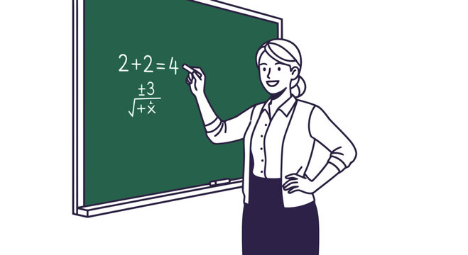 An illustration of a smiling female teacher writing mathematical equations on a green chalkboard for educational content and back to school marketing campaigns