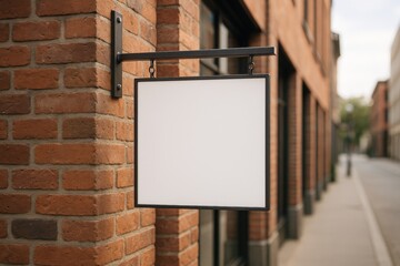 Black square shop sign mockup mounted on brick facade realistic shadows outdoor branding presentation for logos boutique stores cafes and agencies seeking polished storefront visuals