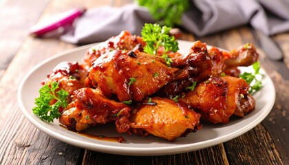 Plate filled with delicious glazed chicken savory pieces