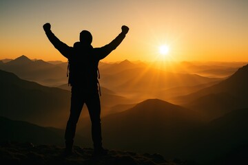 Fototapeta premium Triumphant hiker on summit at sunrise arms raised over rolling peaks epic achievement and freedom inspirational travel adventure with golden light and sweeping vista