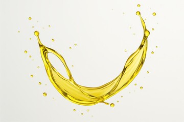 Olive oil splash captured midair isolated on seamless white background elegant arcs and droplets perfect culinary visual for packaging recipes and healthy lifestyle campaigns