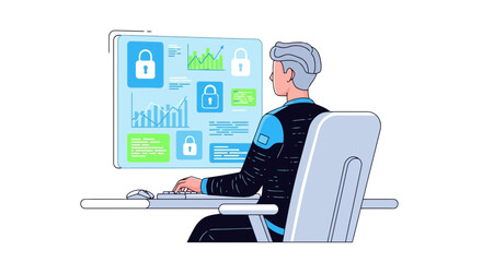 Illustration of a professional analyzing security data on a monitor in a digital workspace, ideal for cybersecurity presentations and technology articles.