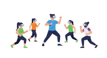 Group of people using virtual reality headsets for interactive fitness and gaming experience, showcasing the future of exercise and entertainment.