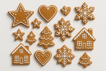 Fototapeta premium Assorted gingerbread cookies with icing stars hearts and snowflakes isolated on white festive holiday baking set for Christmas design projects