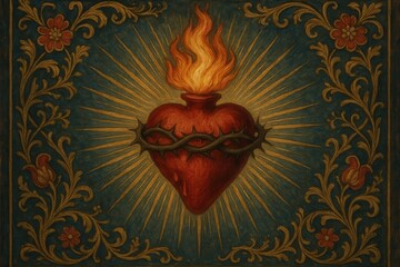 Luminous Sacred Heart icon radiant gold filigree and crimson flames devotional art detailed halo ornate baroque style reverence spirituality and faith rich textures on deep midnight background