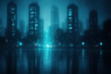 Naklejka premium Moody futuristic city at night with glowing windows and wet streets cinematic bokeh and deep blues creating abstract urban skyline background with mystery