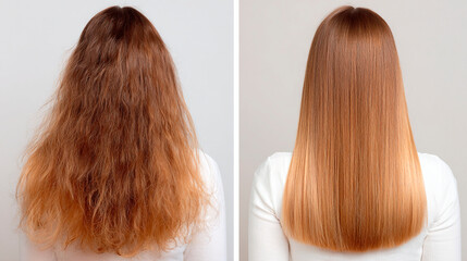 Hair Transformation: Capturing the before-and-after of stunning hair treatment, showcasing a radiant transformation. Witness the beauty of sleek, healthy locks.