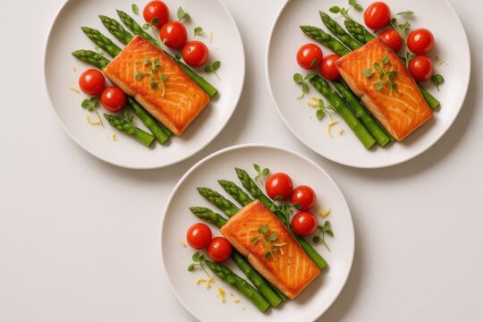 Elegant quartet of baked salmon plates with roasted vegetables lemon zest and microgreens on white porcelain artfully arranged for upscale menu layouts and culinary branding