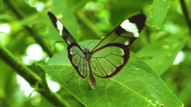 Close up of a Greta oto,  glass-winged butterfly, sitting on a leave and slowly moving his wings
