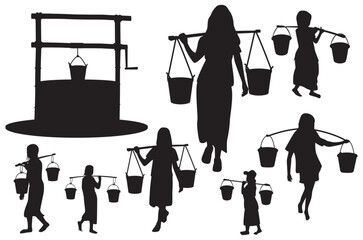 silhouette Cartoon figures of several rural girls carrying water vector design
