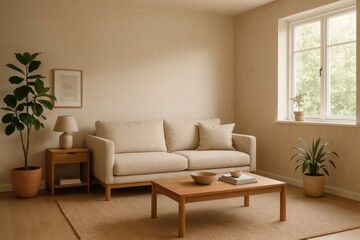 Minimalist Scandinavian living room with warm wood furniture linen sofa plants and soft daylight photoreal 3D visualization perfect interior styling mockup