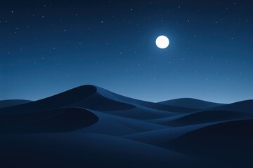 Minimal night desert landscape with sculpted dunes under star studded gradient sky tranquil moonlit shadows serene meditative composition