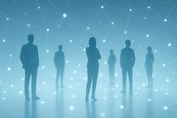 Futuristic business network visualization with silhouettes and glowing nodes connected by lines human resources teamwork innovation and data connectivity concept