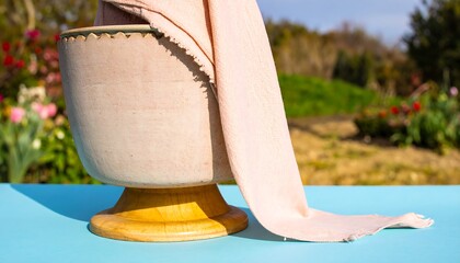 Light pink bowl on wooden stand, draped fabric