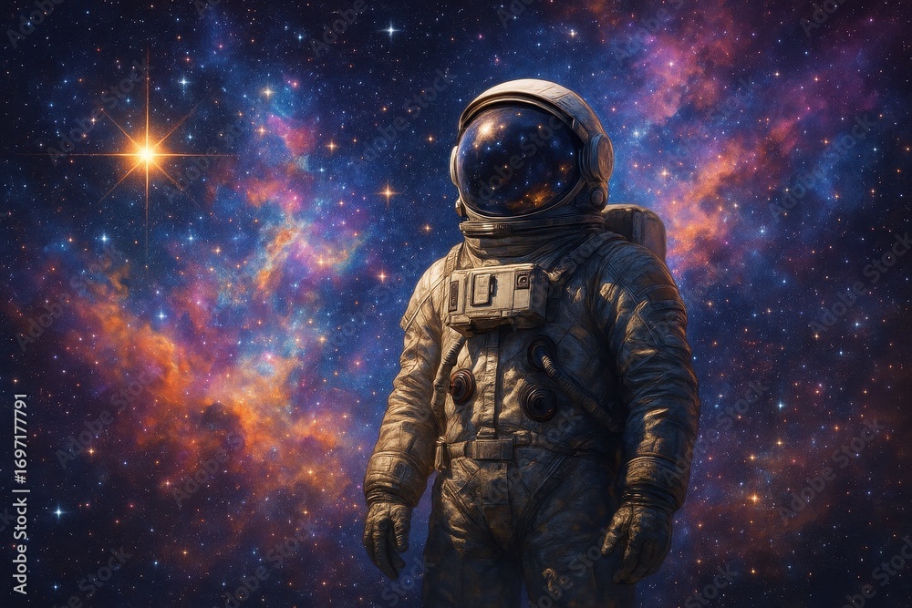 Wall mural astronaut floating in deep space with colorful galaxy nebula and cosmic phenomena in spectacular uni