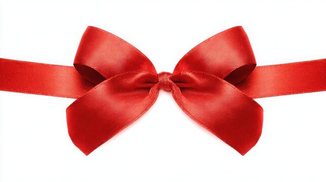 A single red satin ribbon tied in a bow, isolated on pure white, representing elegance and simplicity.