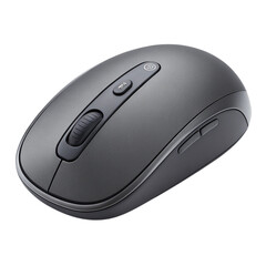 Modern dark gray wireless computer mouse with scroll wheel and buttons