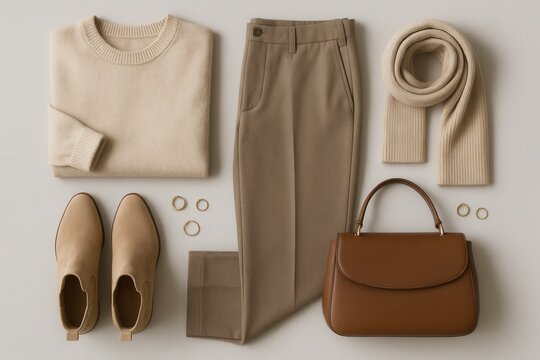 Autumn capsule wardrobe flat lay cozy neutral knitwear tailored trousers and accessories on light grey background effortless chic styling and organized simplicity