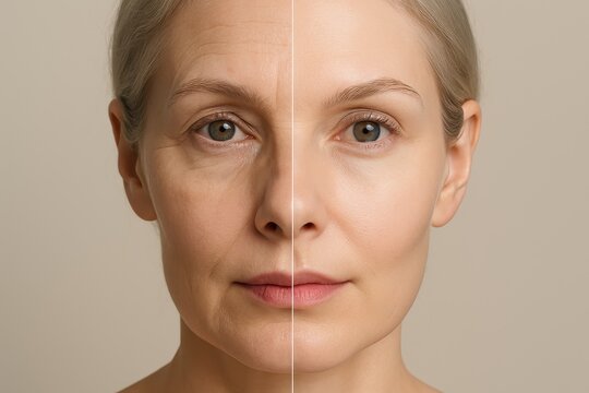 Beauty transformation concept split face portrait mature woman with improved radiant skin after rejuvenating treatment smooth texture youthful glow clean studio