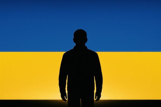 Hopeful silhouette stands before expansive Ukrainian flag sky message of resilience solidarity and peace conceptual illustration with strong composition and stirring emotion