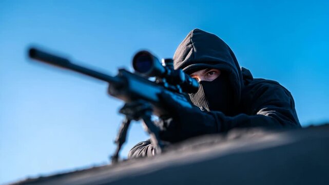 Assassin sniper man on a roof aiming a rifle