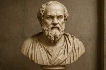 Fototapeta premium Classical Greek philosopher marble sculpture with detailed craftsmanship representing wisdom and ancient philosophical thought