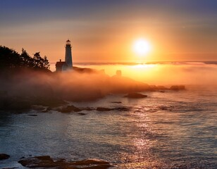 a serene lighthouse emerges from the fog casting a guiding light over a tranquil ocean at dawn