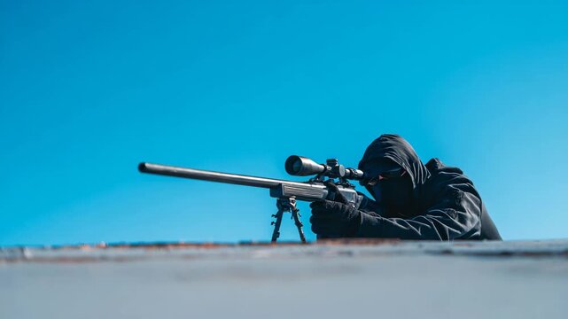 Assassin sniper man on a roof aiming a rifle
