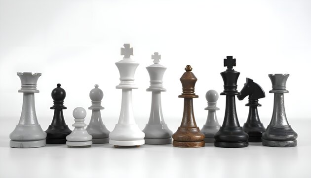 Multicolored chess pieces on white background. White, black, gray, and wooden chess pieces lined up on a chessboard. Concept of diversity, strategy, and tactics.