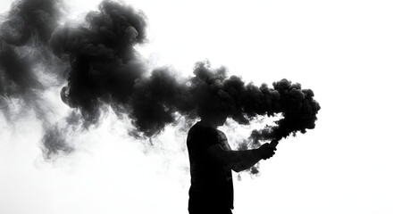 Ephemeral Vapor Trail: Silhouette of a person igniting a billowing cloud of dark smoke against a plain backdrop. An evocative display of transience.
