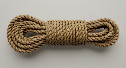 Coiled Rope: An overhead, detailed shot showcasing a neatly coiled, robust rope against an understated background. Ideal for conveying themes of resilience, resourcefulness, and unity.