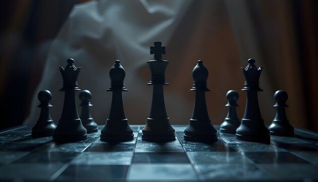 Dark chess pieces in dramatic light. Chess pieces on the board illuminated by soft light, creating a tense and mystical atmosphere of strategy and play.
