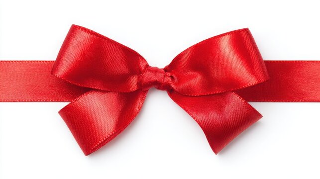 A single red satin ribbon tied in a bow, isolated on pure white, representing elegance and simplicity.