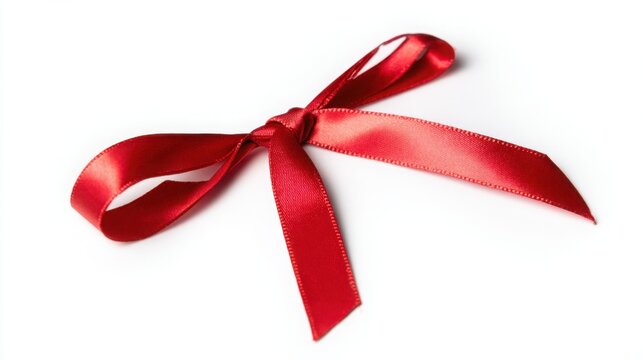 A single red satin ribbon tied in a bow, isolated on pure white, representing elegance and simplicity.