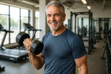 Confident senior man lifting dumbbells in modern gym strong active aging fitness portrait healthy lifestyle determination and strength training motivation