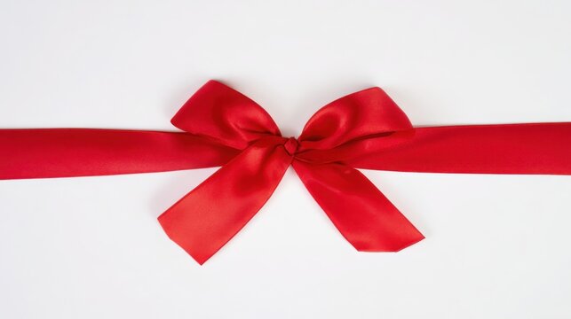 A single red satin ribbon tied in a bow, isolated on pure white, representing elegance and simplicity.