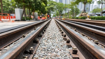 Fototapeta premium Detailed view of sleek maglev tracks designed for highspeed rail main track structure in focus with soft background elements.