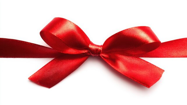 A single red satin ribbon tied in a bow, isolated on pure white, representing elegance and simplicity.