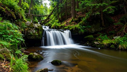 Lush forest waterfall scene