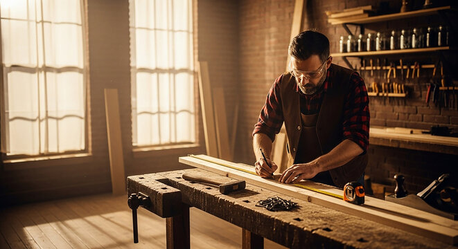 Carpenter measuring wooden plank in workshop with sunlight from window