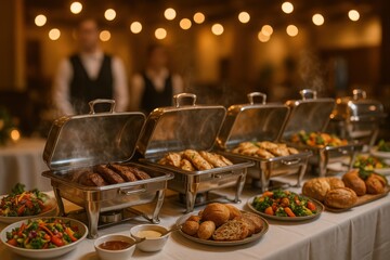 Elegant restaurant buffet service with stainless chafing dishes grilled meats seasonal salads and artisanal breads under warm ambient lighting
