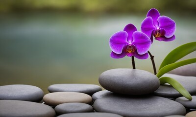 Serene purple orchids rest on smooth stones in tranquil water promoting peace and wellness