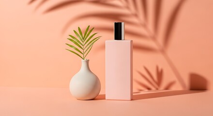 Minimalist Still Life: Pink Bottle, White Vase, Palm Leaf Shadow on Peach Background