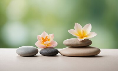 Fototapeta premium Serene stacked stones with delicate flowers evoke peace and mindfulness for spa and wellness themes