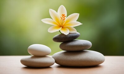 Serene stacked stones and delicate flower create perfect balance and peaceful harmony for wellness and mindfulness