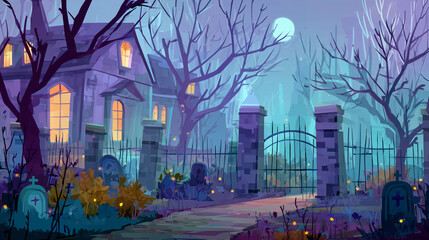 Fototapeta premium Spooky haunted mansion with graveyard and gate at night