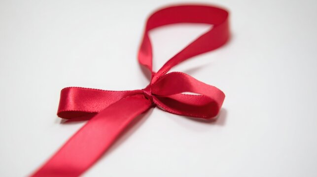 A single red satin ribbon tied in a bow, isolated on pure white, representing elegance and simplicity.