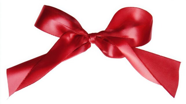 A single red satin ribbon tied in a bow, isolated on pure white, representing elegance and simplicity.