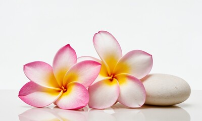 Naklejka premium Serene pink plumeria flowers and smooth stones evoke tranquility and spa relaxation