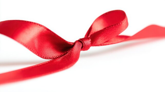 A single red satin ribbon tied in a bow, isolated on pure white, representing elegance and simplicity.